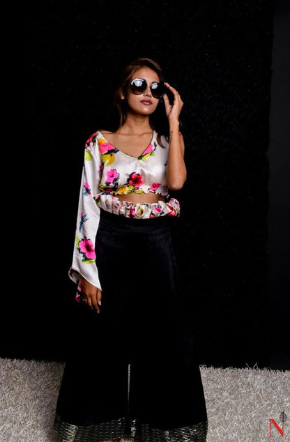 White Imported Crepe Floral Print Designer Blouse - Naksheband