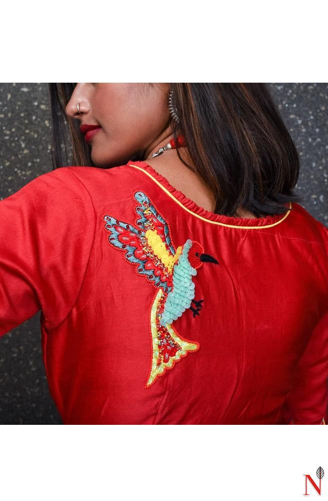 Red Pure Silk Chanderi Hand Embroidered Designer Blouse - Naksheband