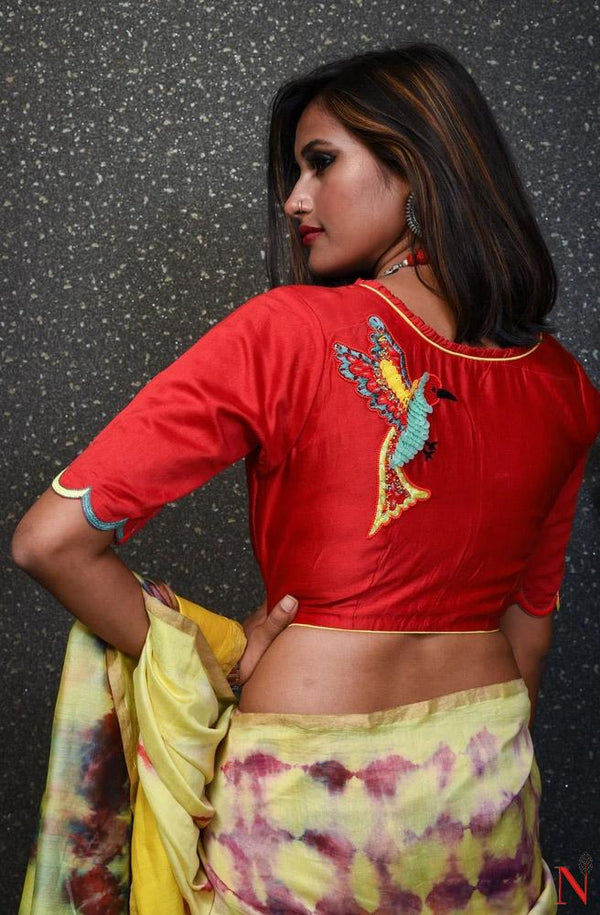 Red Pure Silk Chanderi Hand Embroidered Designer Blouse - Naksheband