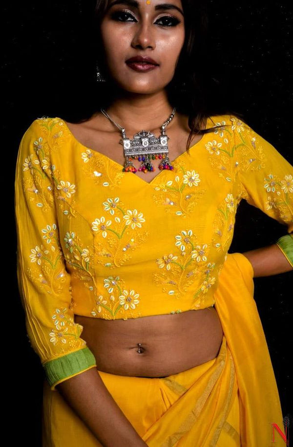 Yellow Pure Silk Chanderi Hand Embroidered Designer Blouse - Naksheband