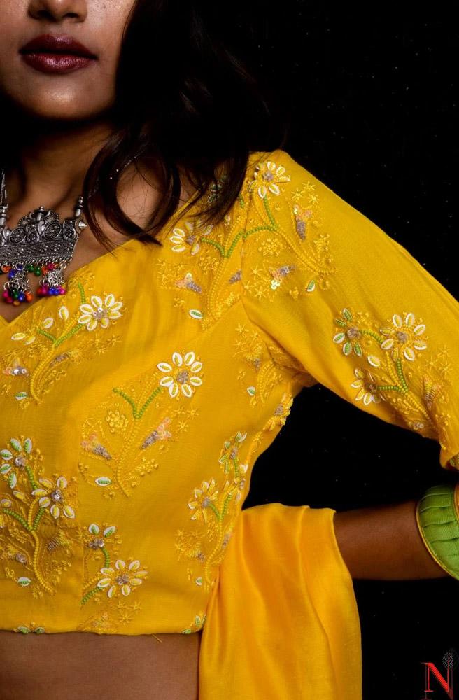 Yellow Pure Silk Chanderi Hand Embroidered Designer Blouse - Naksheband