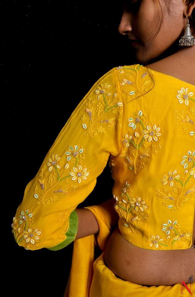 Yellow Pure Silk Chanderi Hand Embroidered Designer Blouse - Naksheband