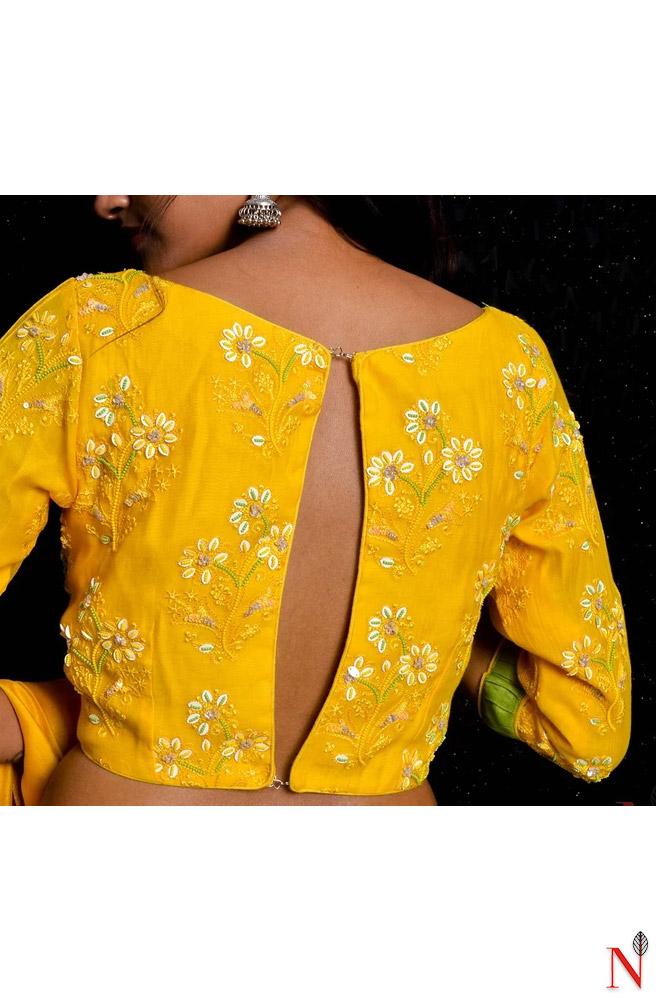 Yellow Pure Silk Chanderi Hand Embroidered Designer Blouse - Naksheband