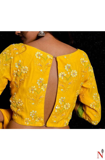 Yellow Pure Silk Chanderi Hand Embroidered Designer Blouse - Naksheband