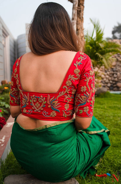 Red Pure Muga Silk Designer Hand Embroidered Blouse - Naksheband