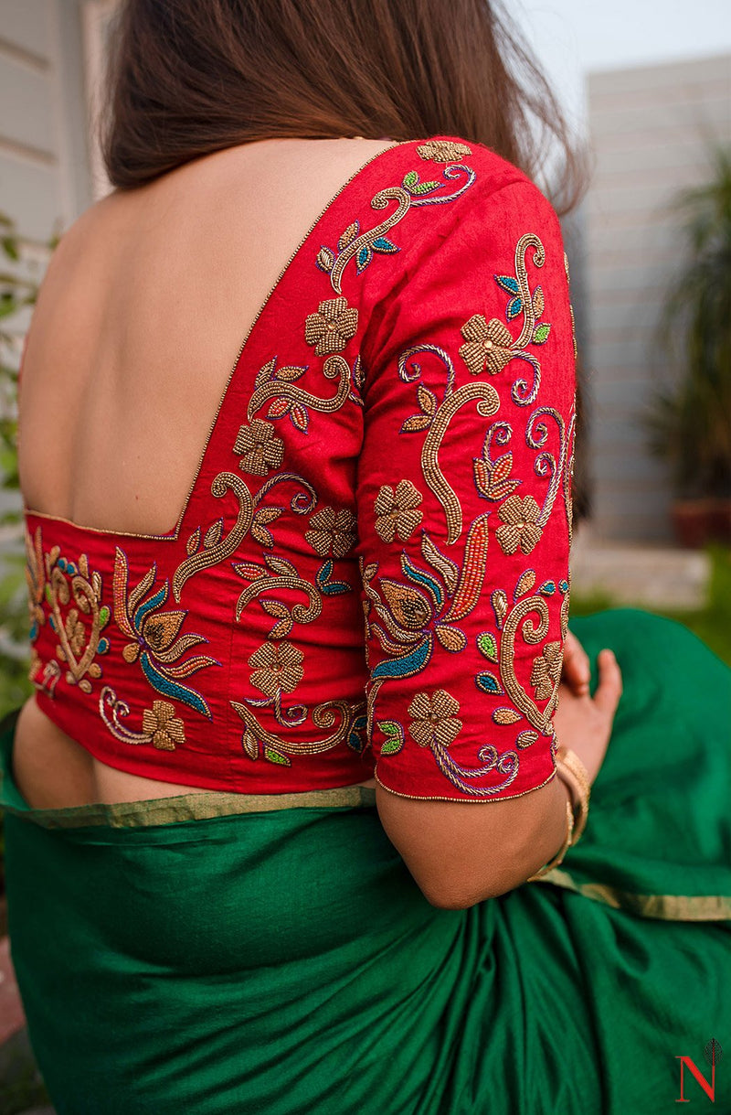 Red Pure Muga Silk Designer Hand Embroidered Blouse - Naksheband