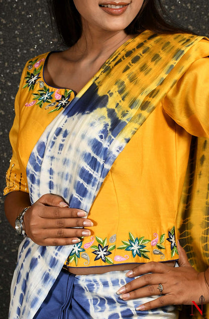 Yellow Pure Silk Chanderi Hand Embroidered Designer Blouse