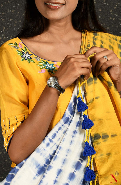 Yellow Pure Silk Chanderi Hand Embroidered Designer Blouse
