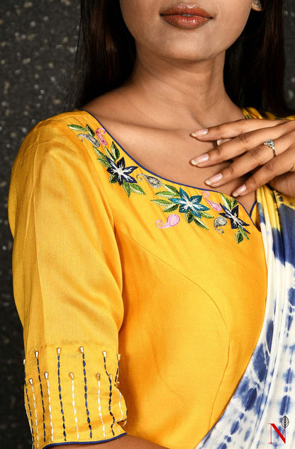 Yellow Pure Silk Chanderi Hand Embroidered Designer Blouse