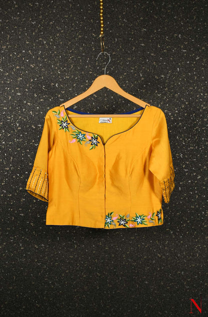 Yellow Pure Silk Chanderi Hand Embroidered Designer Blouse