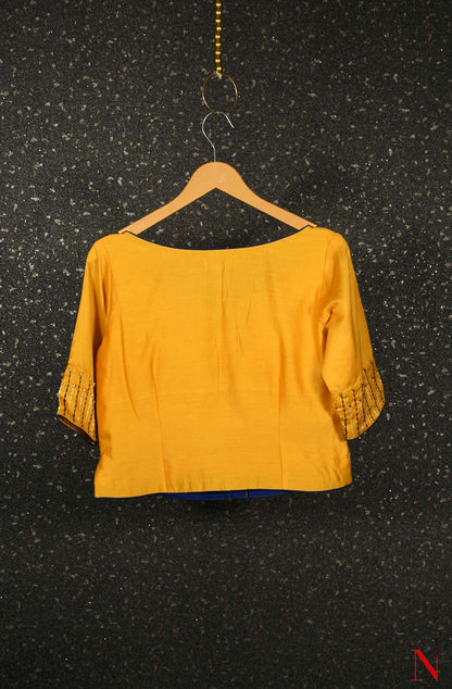 Yellow Pure Silk Chanderi Hand Embroidered Designer Blouse
