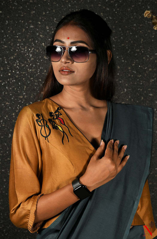 Brown Pure Silk Chanderi Hand Embroidered Designer Blouse - Naksheband