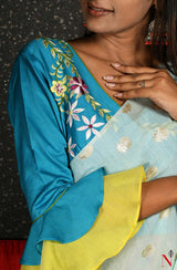 Firozi Pure Silk Chanderi Hand Embroidered Designer Blouse