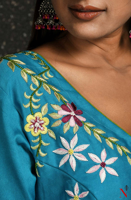 Firozi Pure Silk Chanderi Hand Embroidered Designer Blouse - Naksheband