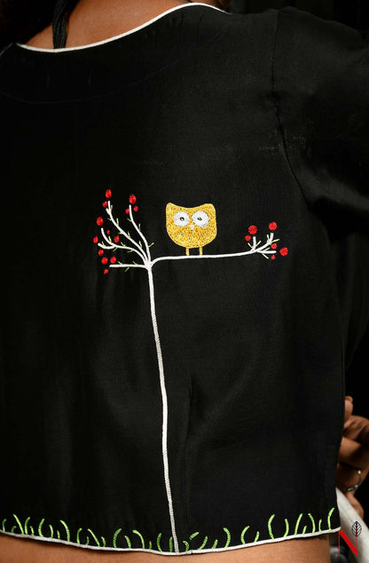 Black Pure Silk Chanderi Hand Embroidered Designer Blouse