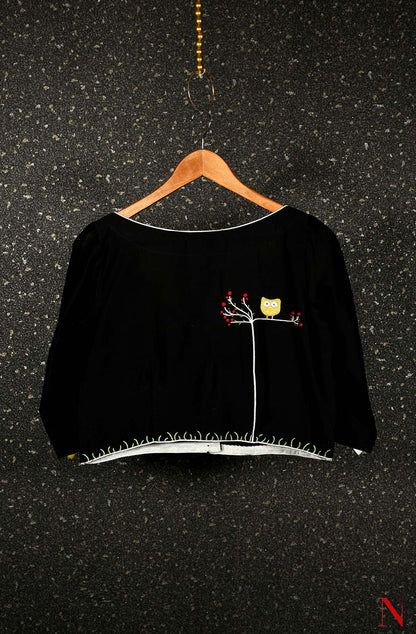 Black Pure Silk Chanderi Hand Embroidered Designer Blouse