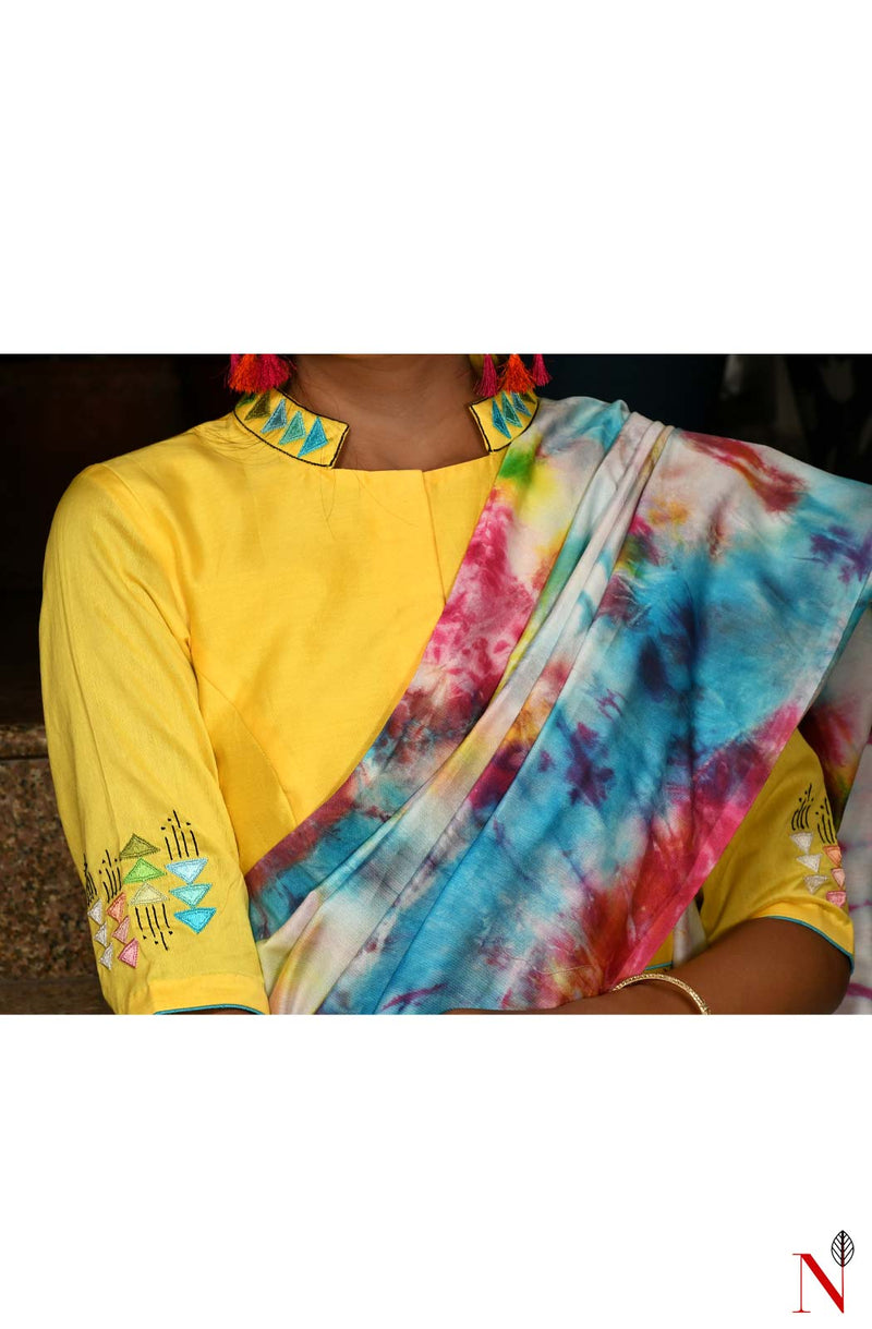 Yellow Pure Silk Chanderi Hand Embroidered Designer Blouse