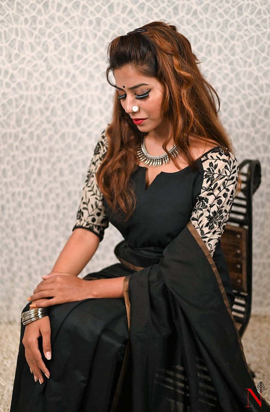 Black Pure Cotton Hand Embroidered Designer Blouse - Naksheband