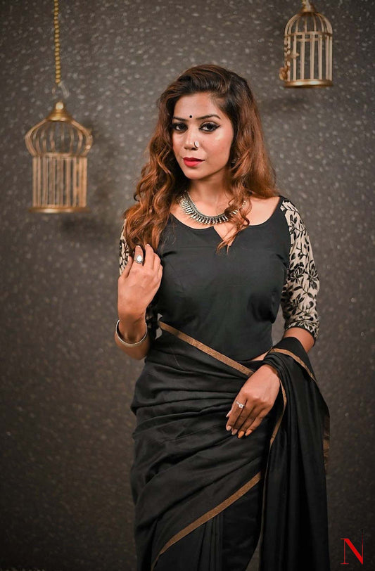 Black Pure Cotton Hand Embroidered Designer Blouse - Naksheband