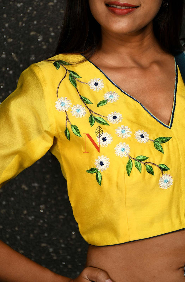 Yellow Pure Silk Chanderi Hand Embroidered Designer Blouse