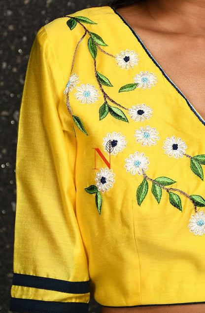 Yellow Pure Silk Chanderi Hand Embroidered Designer Blouse