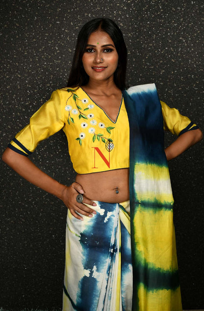 Yellow Pure Silk Chanderi Hand Embroidered Designer Blouse