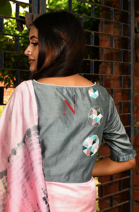Grey Pure Silk Chanderi Hand Embroidered Designer Blouse - Naksheband