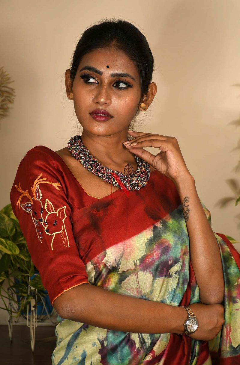 Red Pure Silk Chanderi Hand Embroidered Designer Blouse