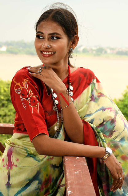 Red Pure Silk Chanderi Hand Embroidered Designer Blouse