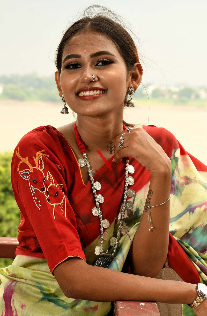 Red Pure Silk Chanderi Hand Embroidered Designer Blouse