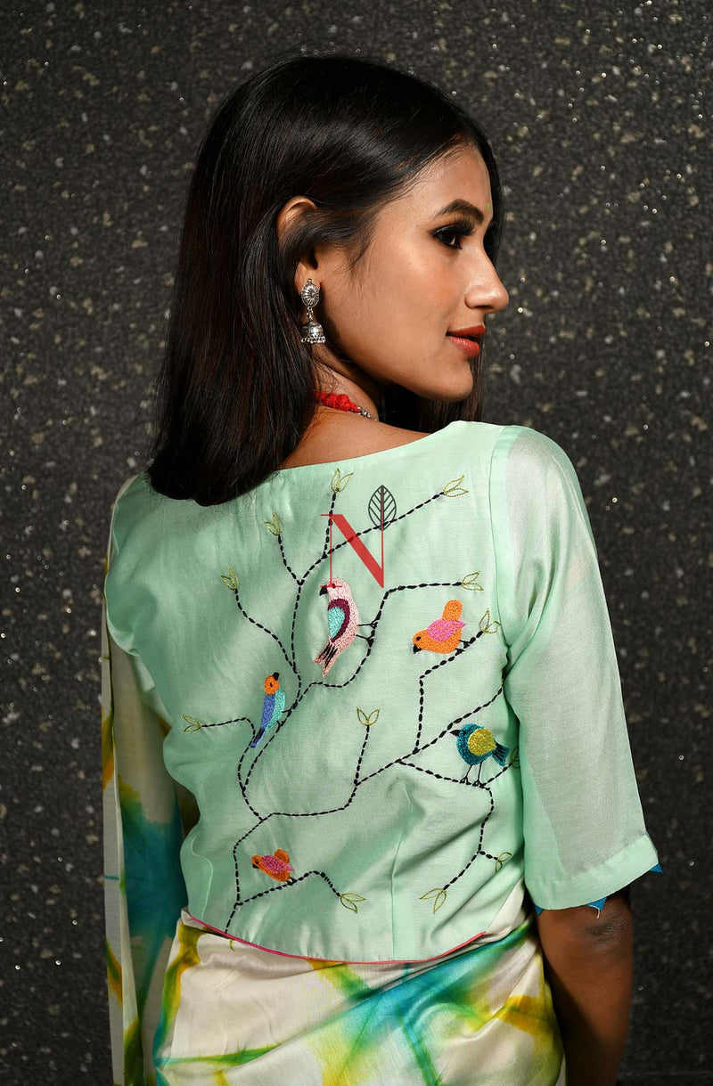 Light Sea Green Pure Silk Chanderi Hand Embroidered Designer Blouse