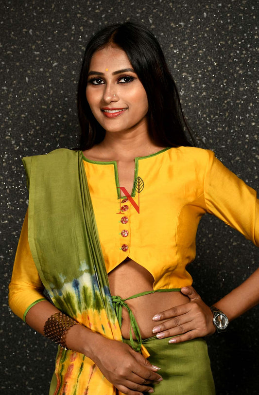 Mustard Pure Silk Chanderi Hand Embroidered Designer Blouse - Naksheband