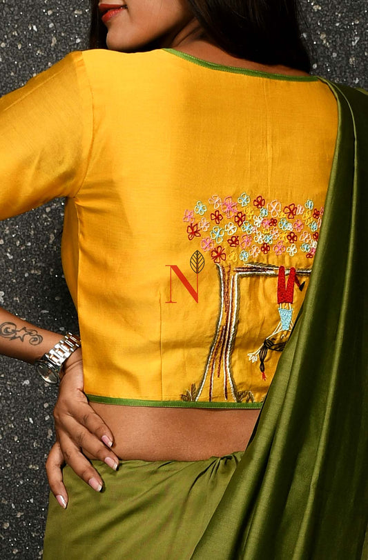 Mustard Pure Silk Chanderi Hand Embroidered Designer Blouse - Naksheband