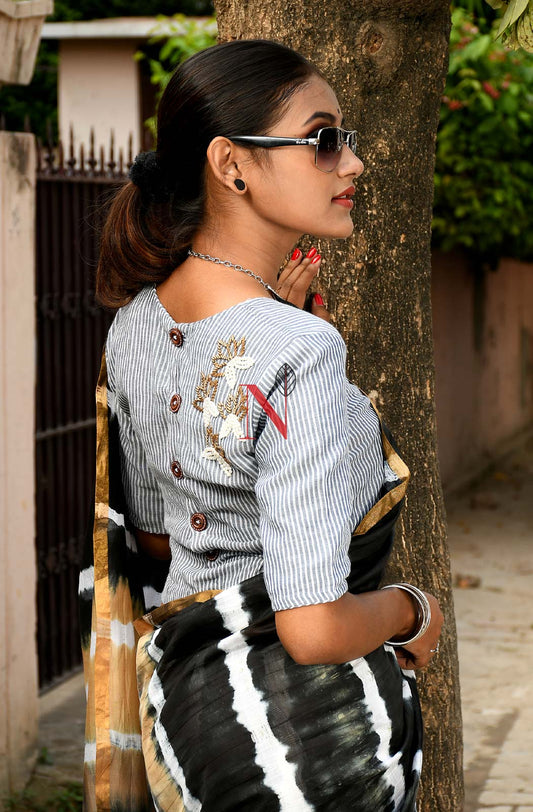 Grey Pure Silk Chanderi Hand Embroidered Designer Blouse - Naksheband
