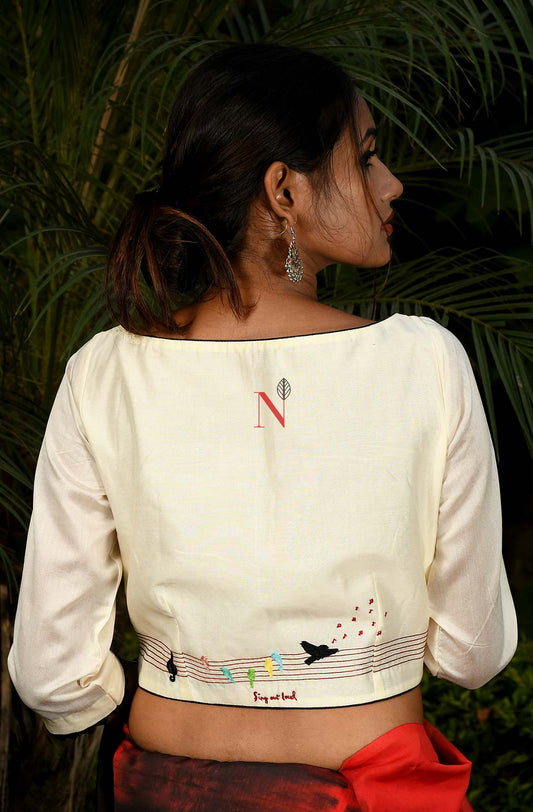 Cream Pure Silk Chanderi Hand Embroidered Designer Blouse - Naksheband