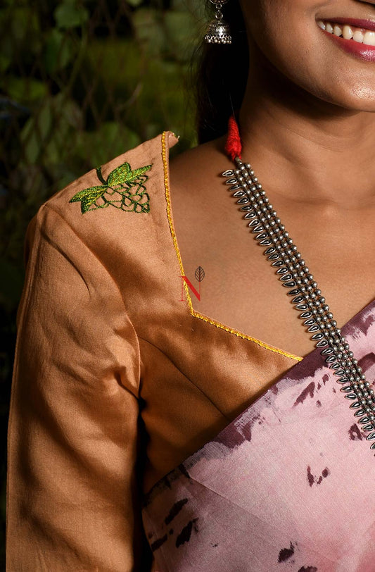 Light Brown Pure Silk Chanderi Hand Embroidered Designer Blouse - Naksheband