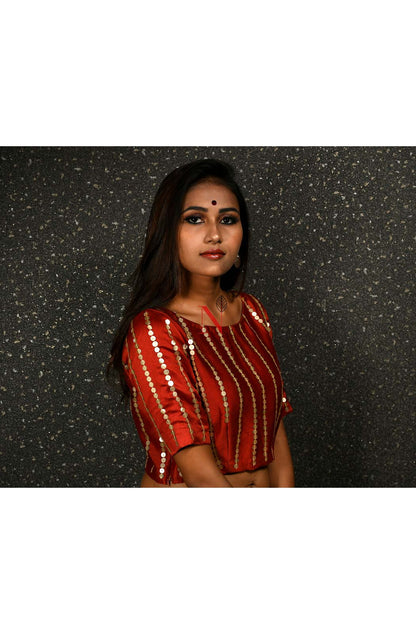 Rust Pure Silk Chanderi Hand Embroidered Designer Blouse