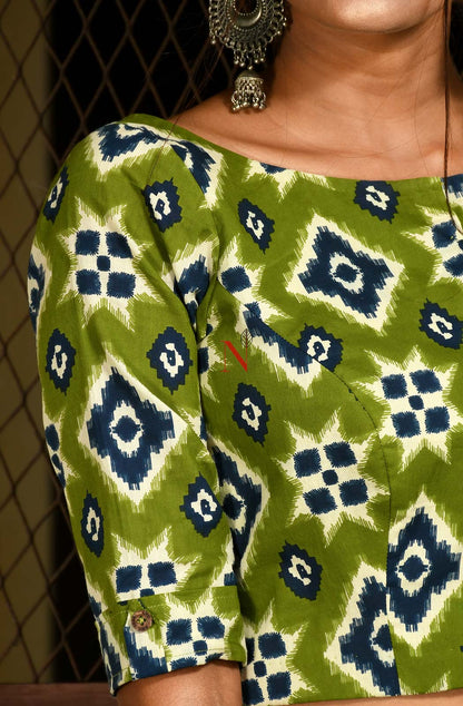 Green Pure Cotton Printed Designer Blouse