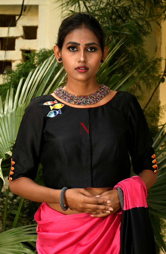 Black Pure Silk Chanderi Hand Embroidered Designer Blouse - Naksheband