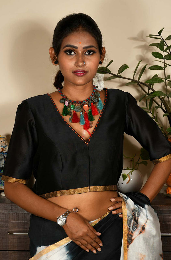 Black Pure Silk Chanderi Hand Embroidered Designer Blouse