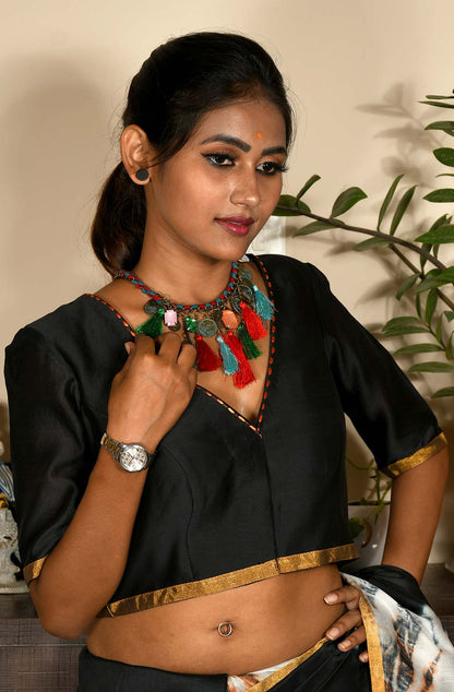 Black Pure Silk Chanderi Hand Embroidered Designer Blouse
