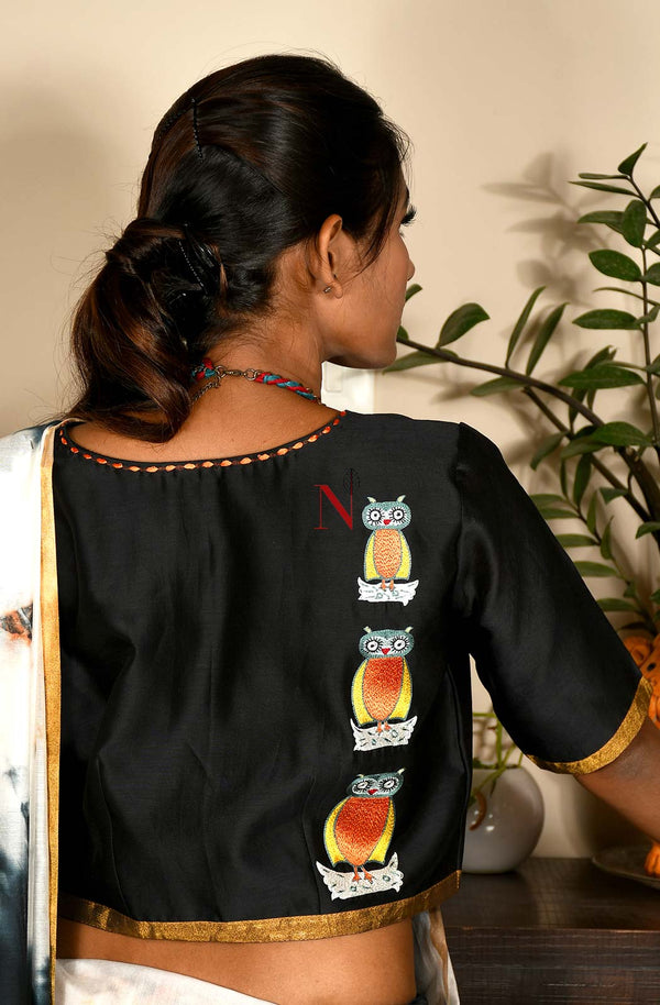 Black Pure Silk Chanderi Hand Embroidered Designer Blouse