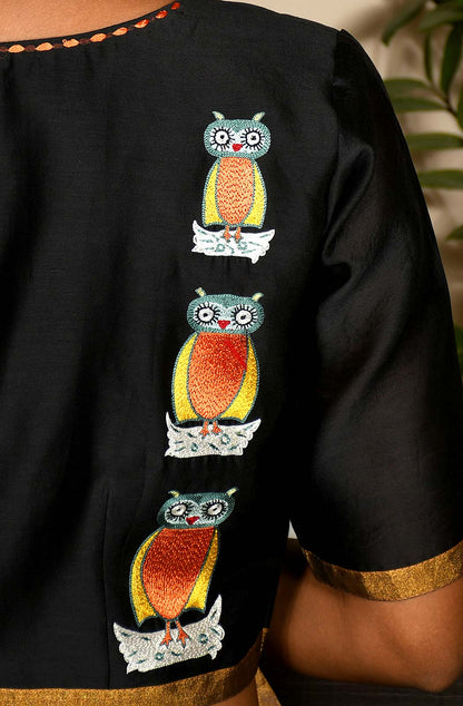 Black Pure Silk Chanderi Hand Embroidered Designer Blouse