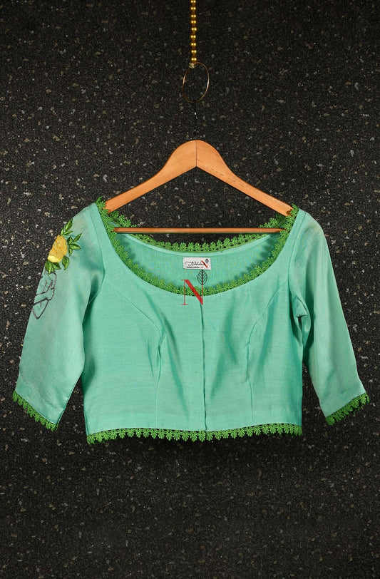 Sea Green Pure Silk Chanderi Hand Embroidered Designer Blouse - Naksheband