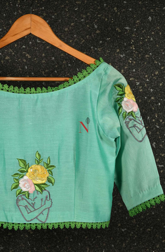Sea Green Pure Silk Chanderi Hand Embroidered Designer Blouse - Naksheband