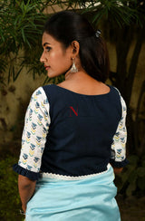 Navy Blue & White Pure Silk Chanderi Hand Embroidered Designer Blouse