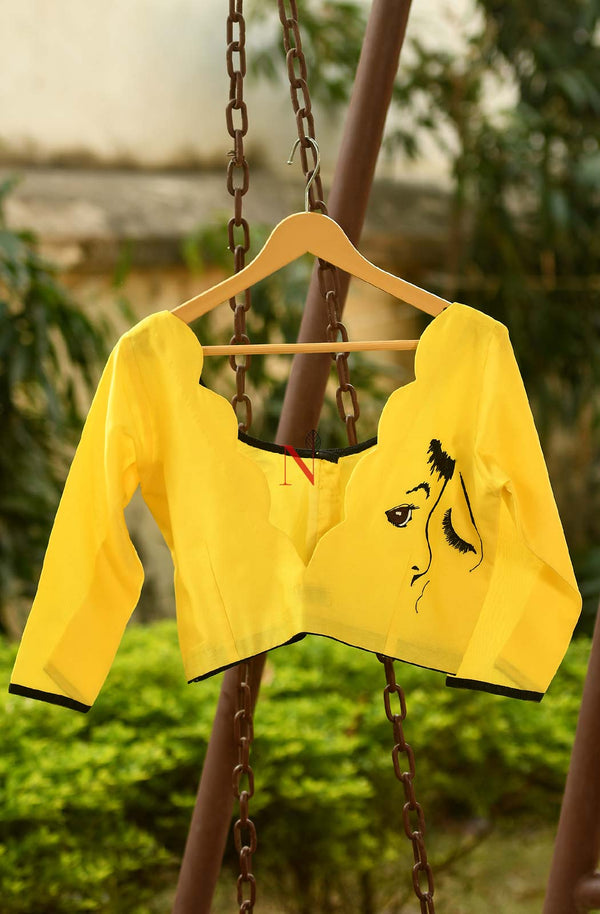 Yellow Pure Silk Chanderi Hand Embroidered Designer Blouse