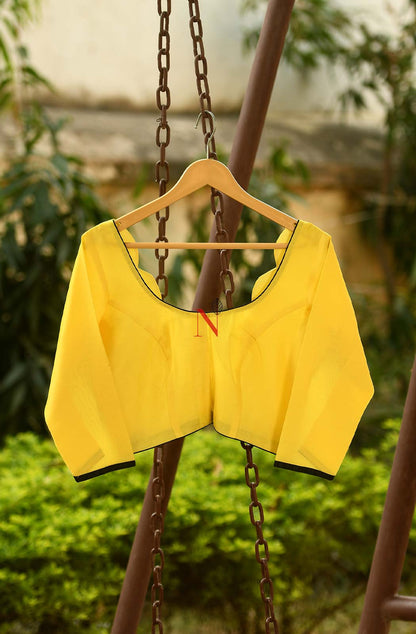 Yellow Pure Silk Chanderi Hand Embroidered Designer Blouse