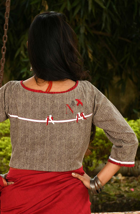 Brown Cotton Printed Hand Embroidered Designer Blouse - Naksheband