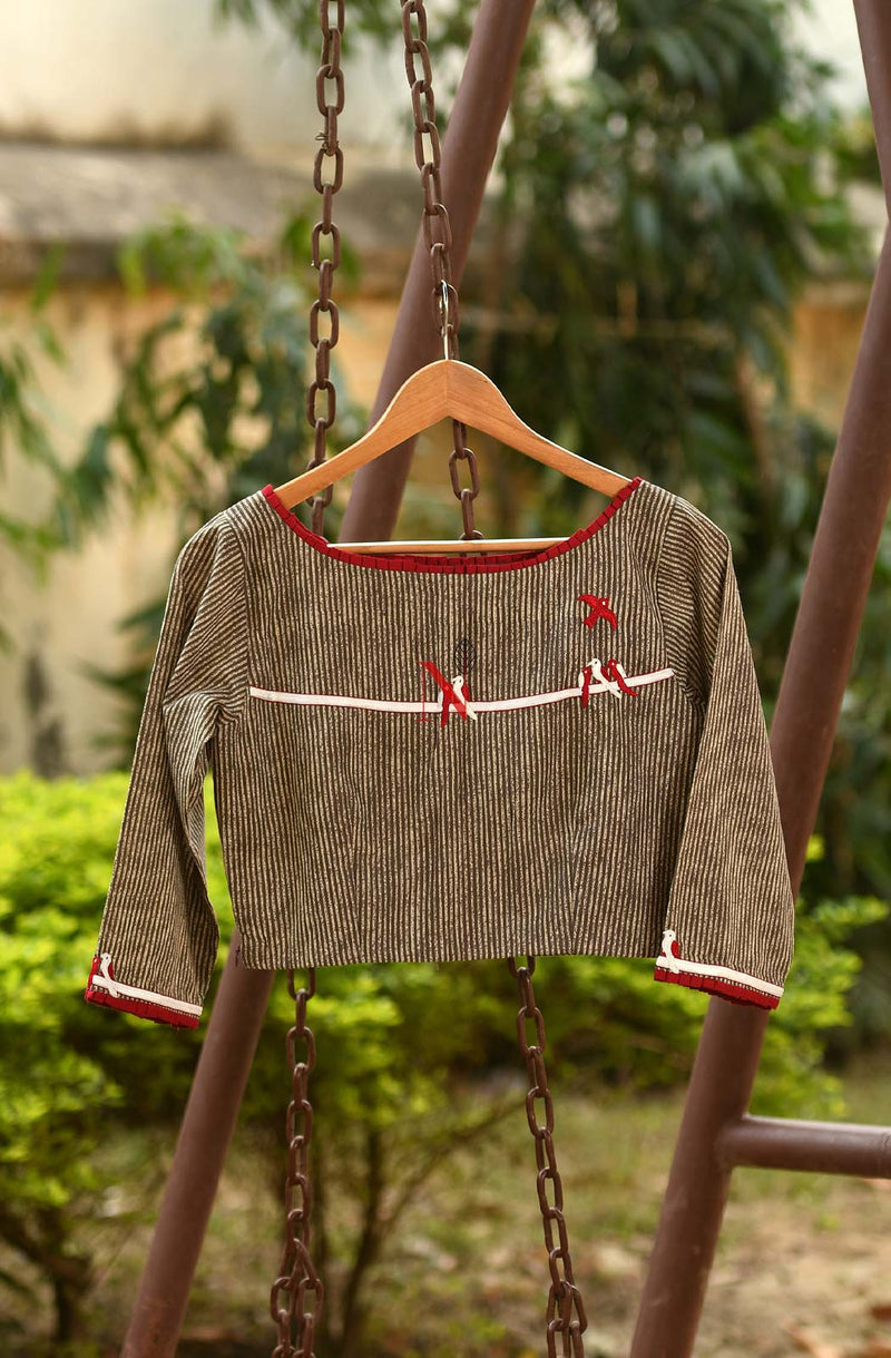 Brown Cotton Printed Hand Embroidered Designer Blouse